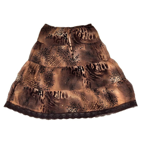 New York City Design Co Womens Tiered Skirt Brown Black Lined Lace 100% Silk M - Picture 4 of 7